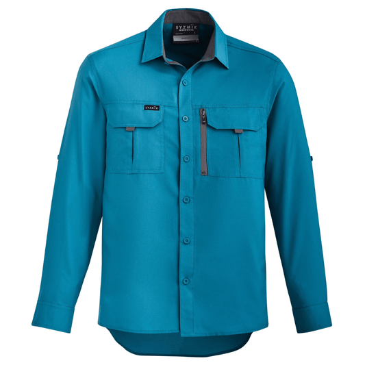 Syzmik Men's Outdoor Long Sleeve Shirt in Diesel teal with two chest pockets and a grey zip phone pocket, available at Stewart's Menswear Mullumbimby.