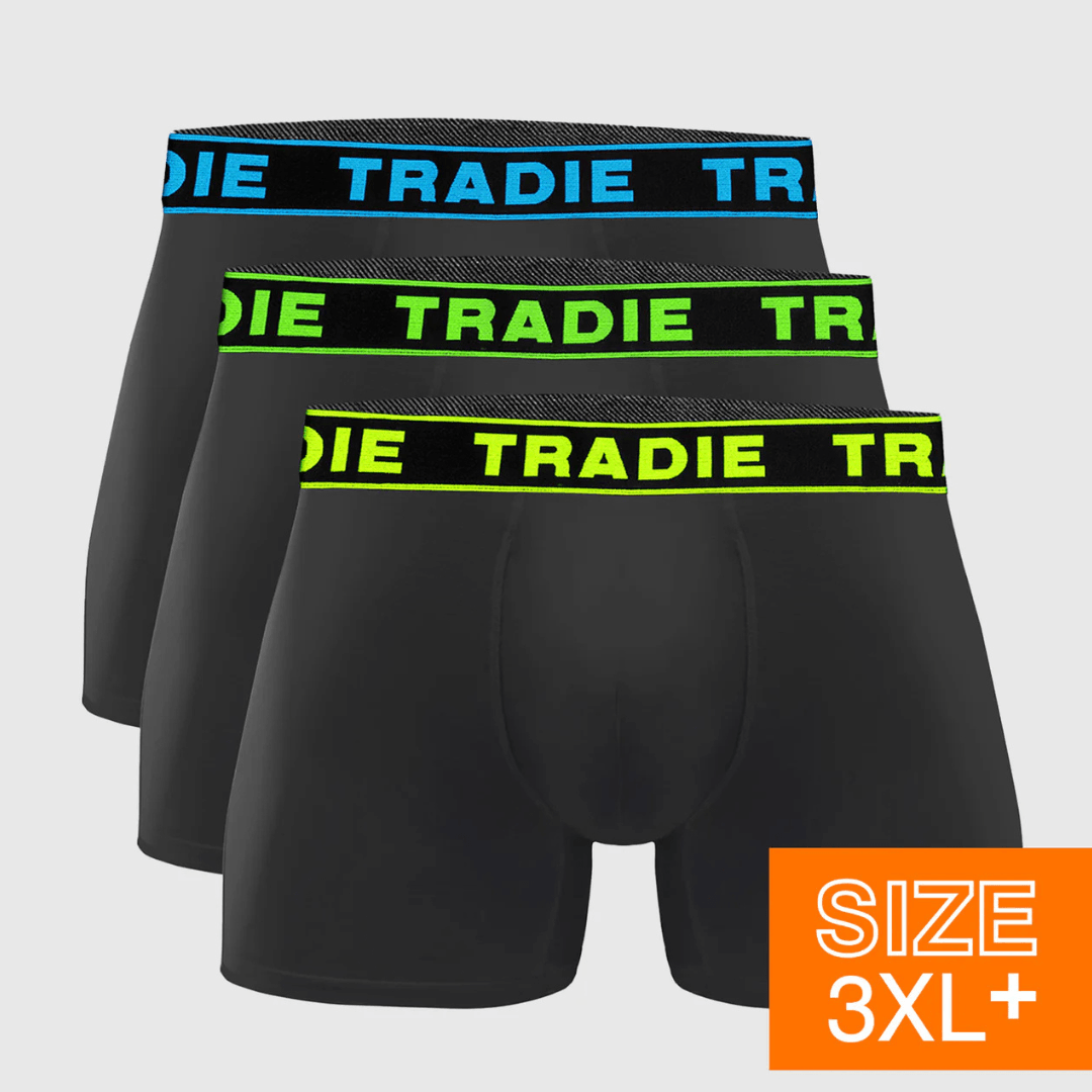Tradie Big Fella 3 Pack Bamboo Trunk available at Stewart’s Menswear Mullumbimby. Larger size bamboo-rich men’s trunks with branded waistband and lined pouch.