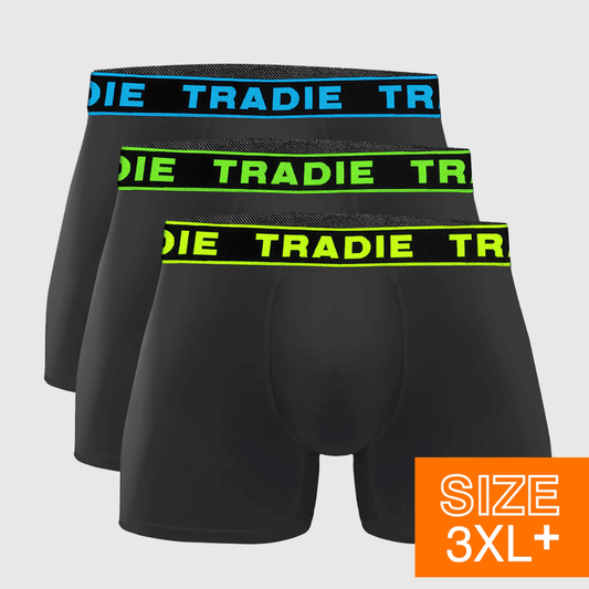 Tradie Big Fella 3 Pack Bamboo Trunk available at Stewart’s Menswear Mullumbimby. Larger size bamboo-rich men’s trunks with branded waistband and lined pouch.