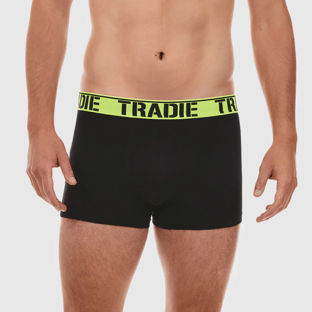 Front view of Tradie 3 Pack Fitted Trunks available at Stewart’s Menswear Mullumbimby. Men’s cotton stretch trunk underwear with fully lined pouch and everyday fit.