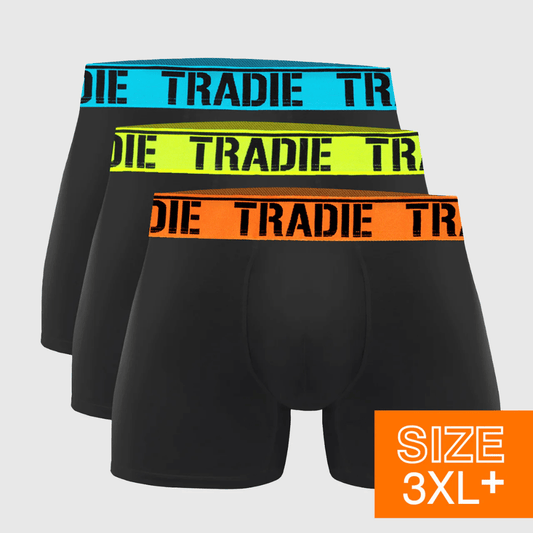 Tradie Big Fella 3 Pack Fitted Trunks available at Stewart’s Menswear Mullumbimby. Larger size men’s cotton stretch trunks with lined pouch.