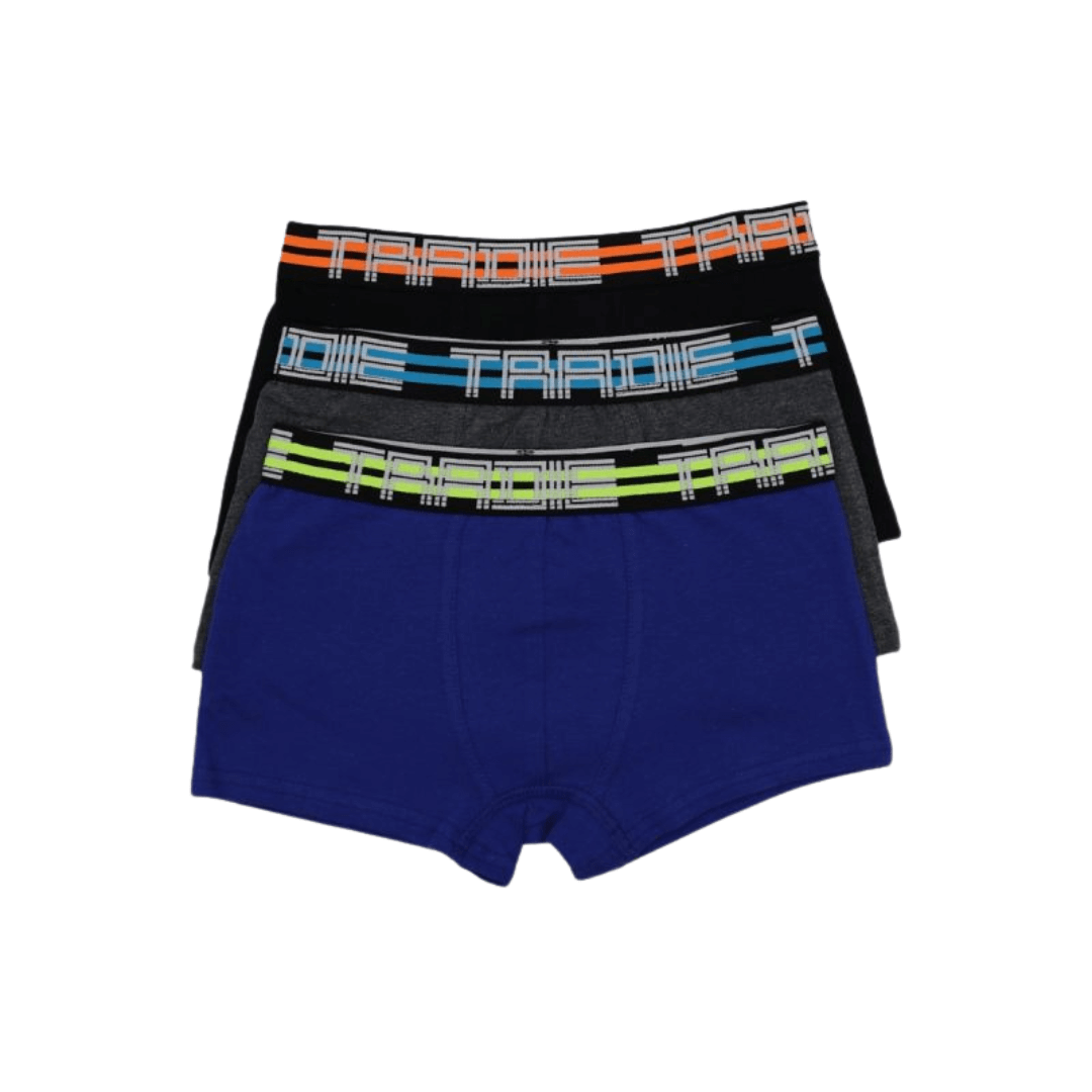 Stewarts Menswear Tradie boys 3 pack fitted trunk. Colourway is called Strike That. Image shows 3 boys trunks, one each of Royal blue with fluoro yellow strips on band, 1 x grey marle with cyan blue stripes on band, and one x black with fluoro orange stripes on band.