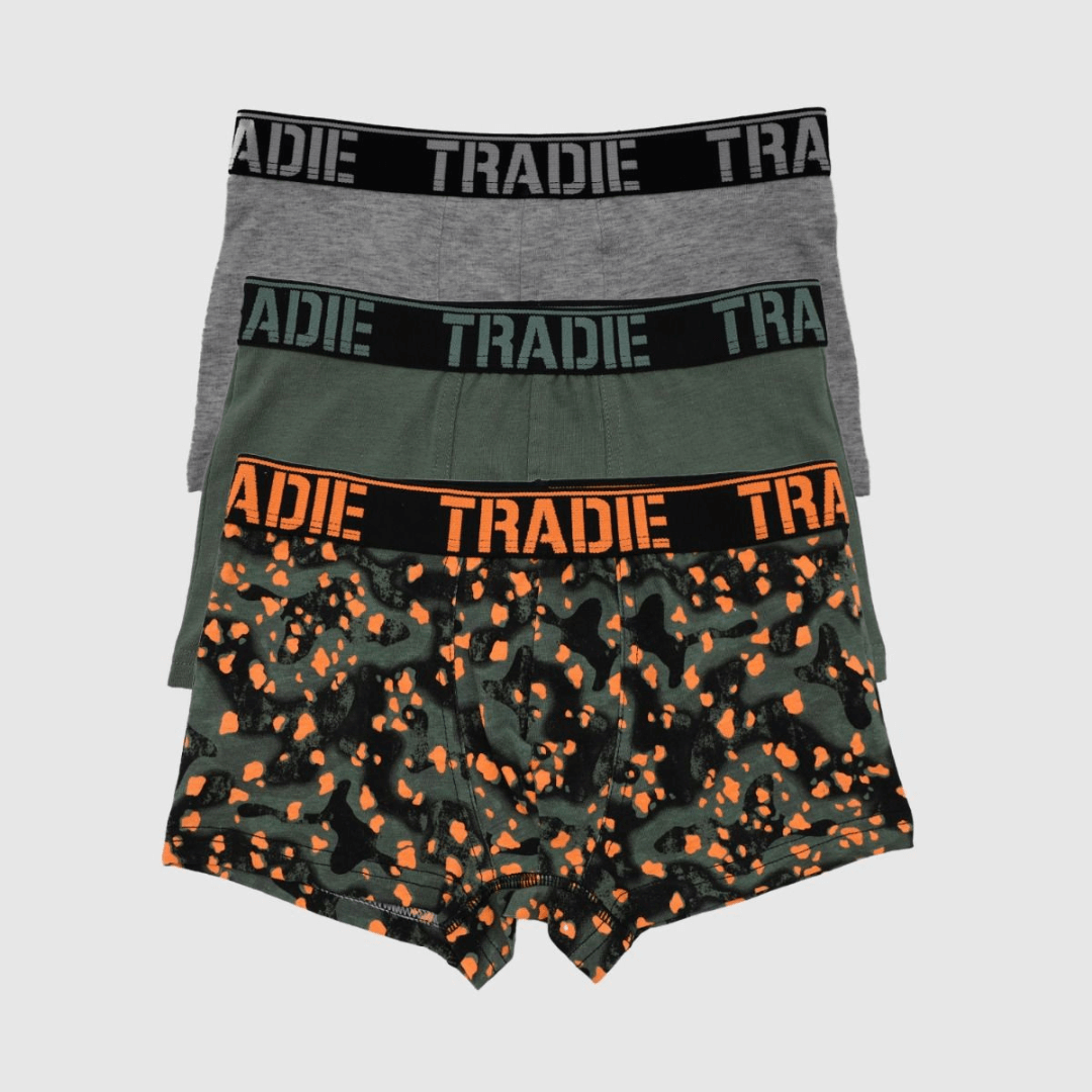 Stewarts Menswear Tradie boys 3 pack trunk. Colour is blizzard hype. One patterned pair in orange/grey tones. 1 steel coloured pair and 1 grey marle coloured pair.
