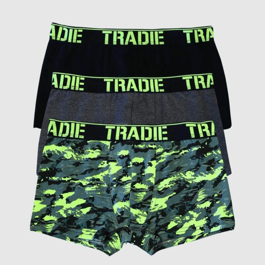 Stewarts Menswear Tradie boys 3 pack trunk. Colour is Camo. One patterned pair in Grey/lime tones. 1 dark grey coloured pair and 1 black coloured pair.