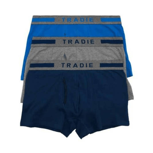 Stewarts Menswear Tradie underwear men's 3 pack fly front cotton trunk. Each Tradie fly front trunk pack contains 3 trunks made from a blend of cotton and elastane which is durable and designed to move with you.  The trunks feature a fully functioning fly front with fully lined pouch and a soft jacquard elastic waistband. Pack of three: 1 x Navy, 1 x Grey, 1 x Royal Blue