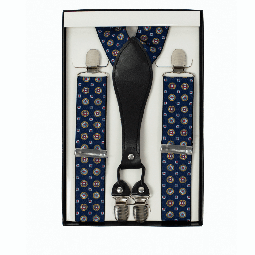 Stewarts Menswear, Mullumbimby. Varce Men's Braces. Polyester elastic braces with PU Y-shaped back, metal clips. Colour is Blue with fortune coin print all over.