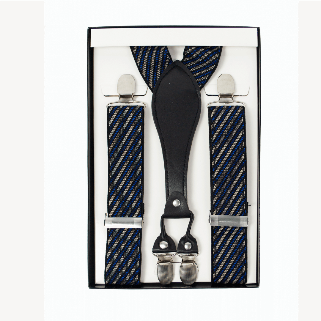Stewarts Menswear, Mullumbimby. Varce Men's Braces. Polyester elastic braces with PU Y-shaped back, metal clips. Colour is Navy/Silver diagonal stripe.