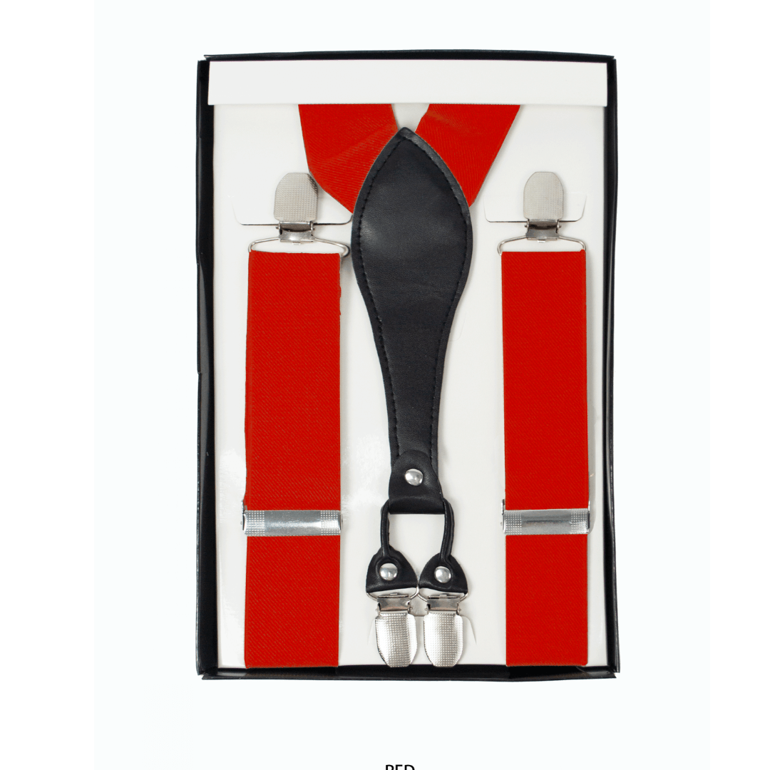 Stewarts Menswear, Mullumbimby. Varce Men's Braces. Polyester elastic braces with PU Y-shaped back, metal clips. Colour is red.