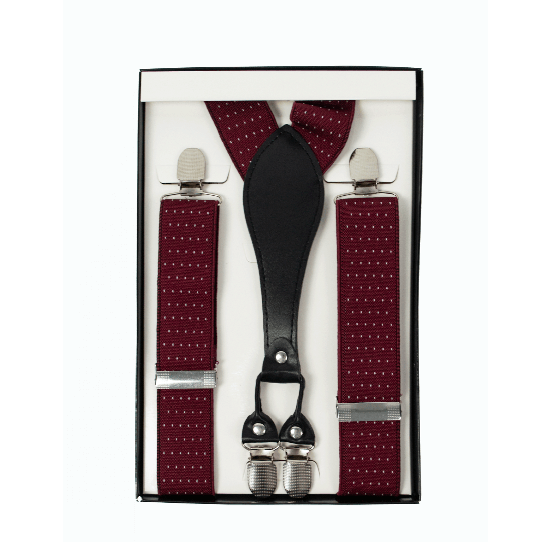 Stewarts Menswear, Mullumbimby. Varce Men's Braces. Polyester elastic braces with PU y-shaped back, metal clips. Colour is wine with white spots.