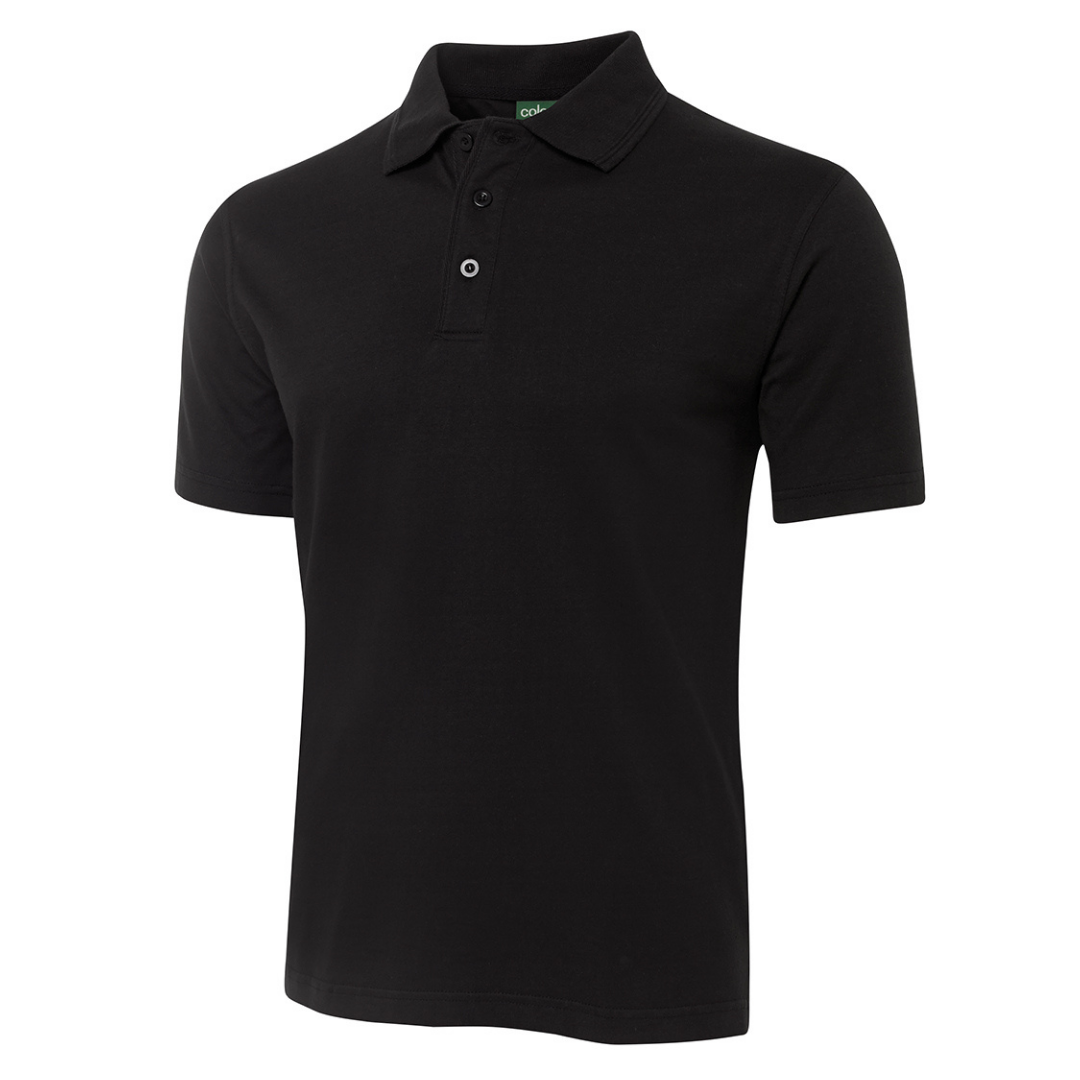 Stewart's Menswear JBs wear 100% cotton jersey polo shirt. A 100% cotton jersey polo shirt with a classic fit, it is ideal for hospitality, school or everyday wear.  Made from premium cotton jersey knit fabric of 190gm weight, for comfort and durability.  Featuring raised edging detail on the knitted collar and reinforced tape on the inside neck seam and placket, it is designed to stand the test of time.  Side splits with reinforced tape provide added comfort and movement. Colour is Black