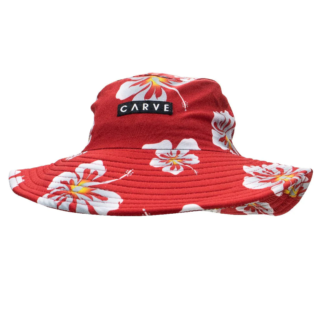 Carve Sunny Side Bucket Hat is a lightweight and comfortable quick dry microfibre bucket hat featuring a wide brim with front peak support. Colour is red with white/yellow hibiscus flowers printed.