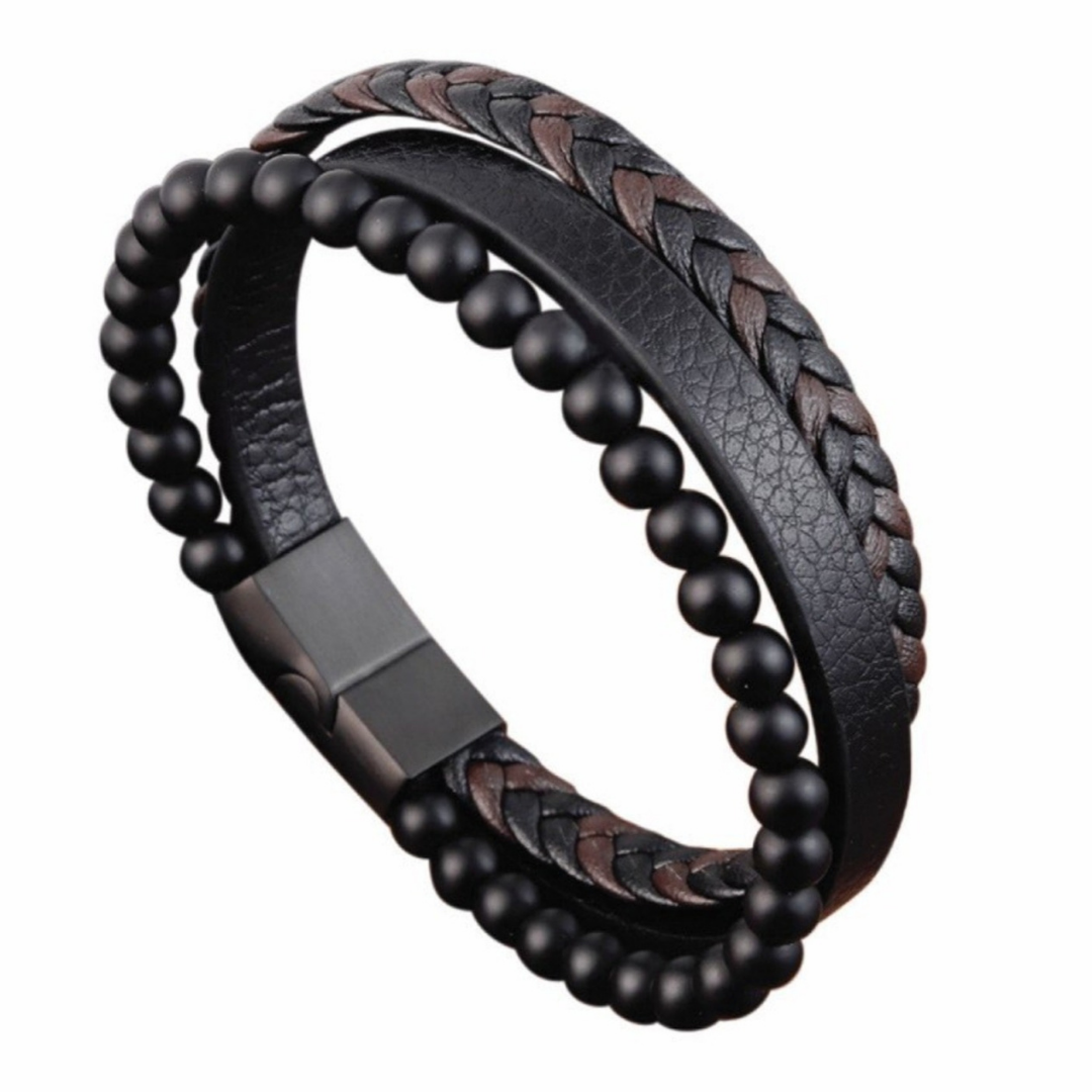 Stone and Leather Triple Stack Men's Bracelet. Relaxed, yet a stylish look, for everyday wear.  Lightweight genuine leather wristband that instantly adds personality.  Genuine leather meets a stainless steel slide clasp creating the perfect accessory.  The inbuilt magnetic lock makes fastening and removing simple.  The perfect gift for the guy who enjoys accessorising.