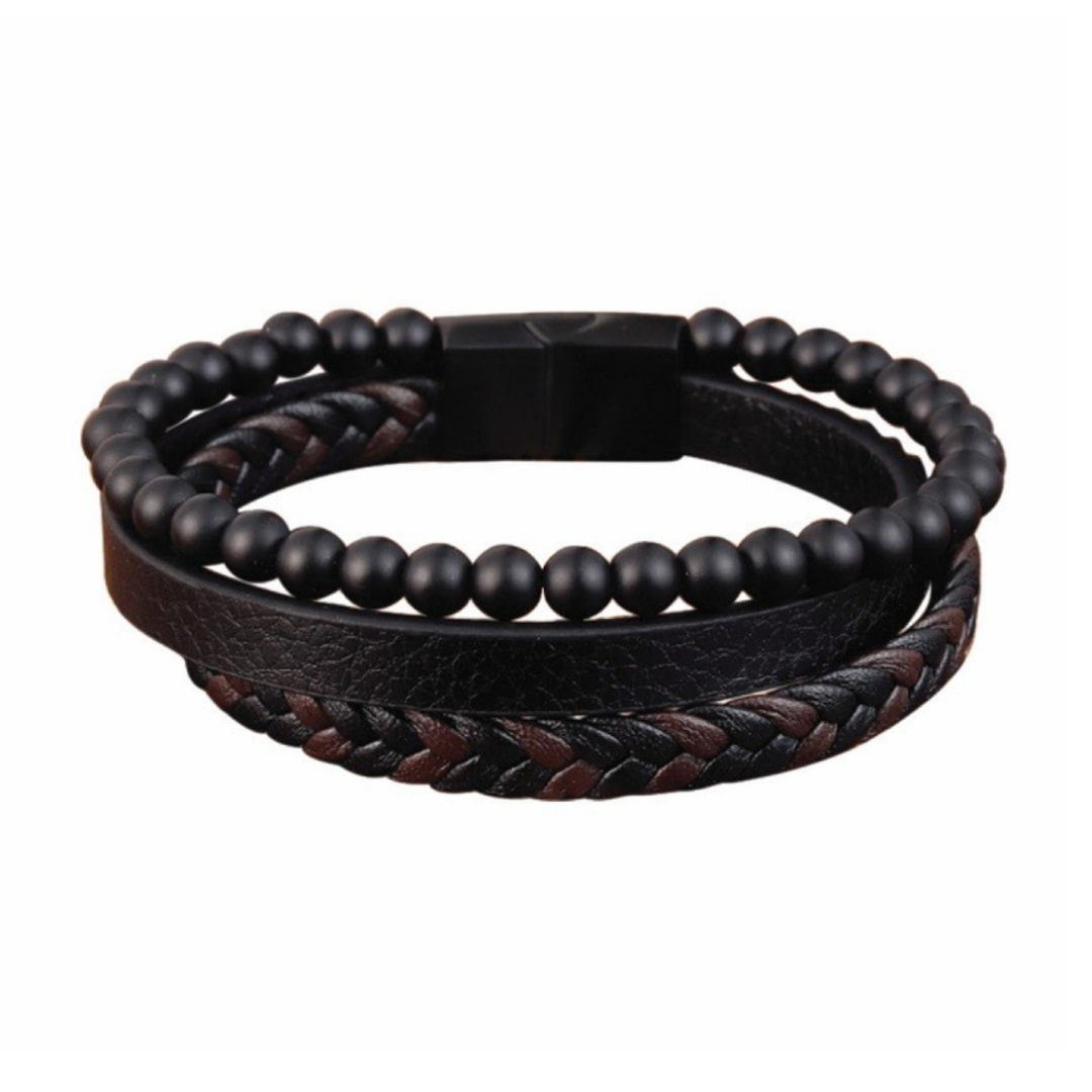 Stone and Leather Triple Stack Men's Bracelet. Relaxed, yet a stylish look, for everyday wear.  Lightweight genuine leather wristband that instantly adds personality.  Genuine leather meets a stainless steel slide clasp creating the perfect accessory.  The inbuilt magnetic lock makes fastening and removing simple.  The perfect gift for the guy who enjoys accessorising.