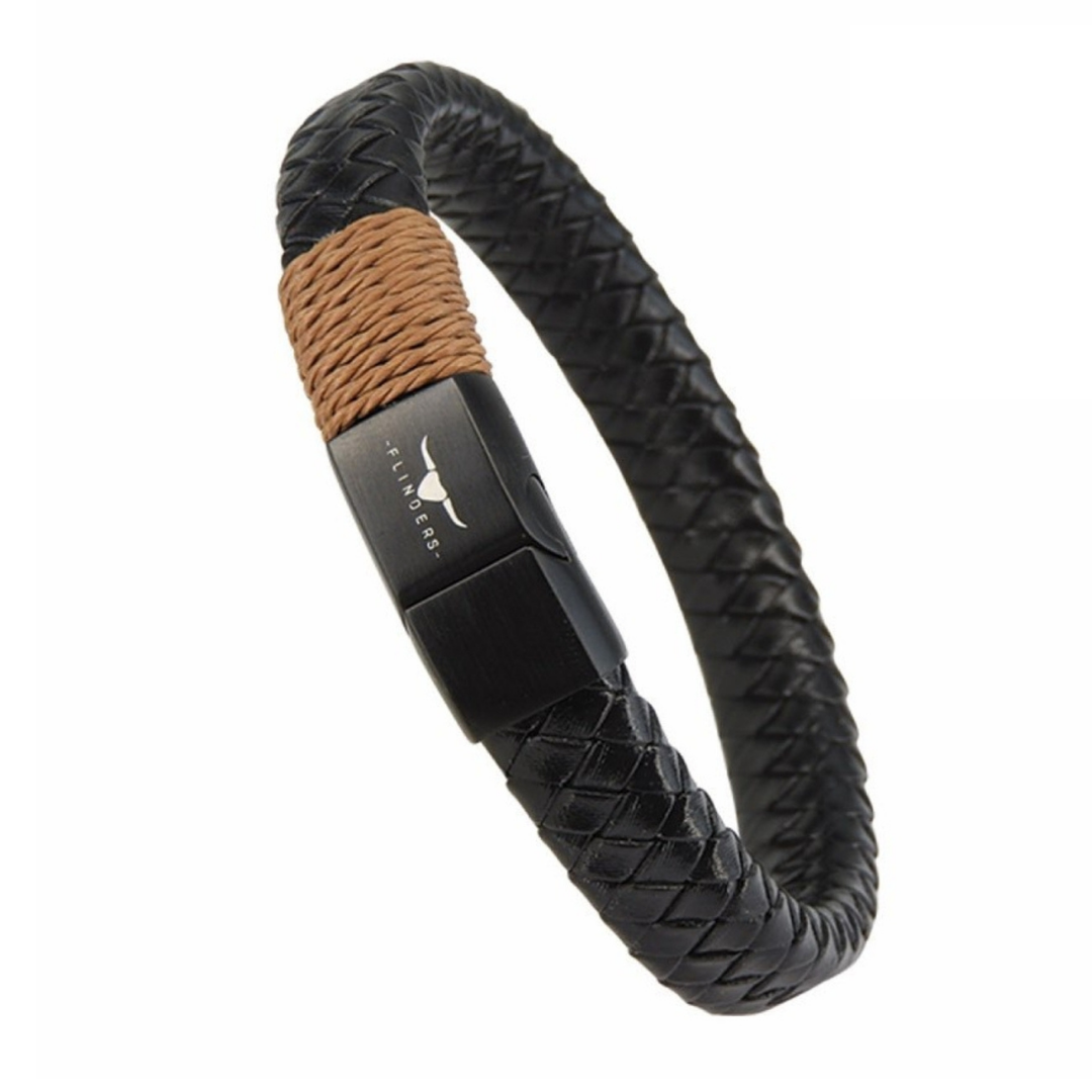 Solid Braid Leather & Twine Men's Bracelet.  Relaxed, yet a stylish look, for everyday wear.  Lightweight genuine leather wristband that instantly adds personality.  Genuine leather meets a stainless steel slide clasp creating the perfect accessory.  The inbuilt magnetic lock makes fastening and removing simple.  The perfect gift for the guy who enjoys accessorising.