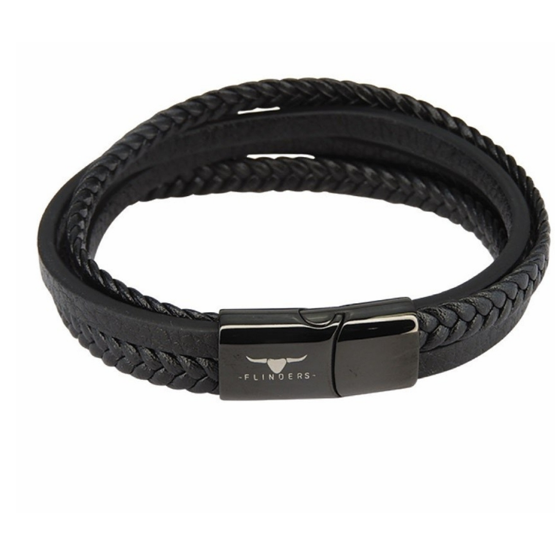  Leather Flat & Braided Four Stack Men's Bracelet.  Relaxed, yet a stylish look, for everyday wear.  Lightweight genuine leather wristband that instantly adds personality.  Genuine leather meets a stainless steel slide clasp creating the perfect accessory.  The inbuilt magnetic lock makes fastening and removing simple.  The perfect gift for the guy who enjoys accessorising.