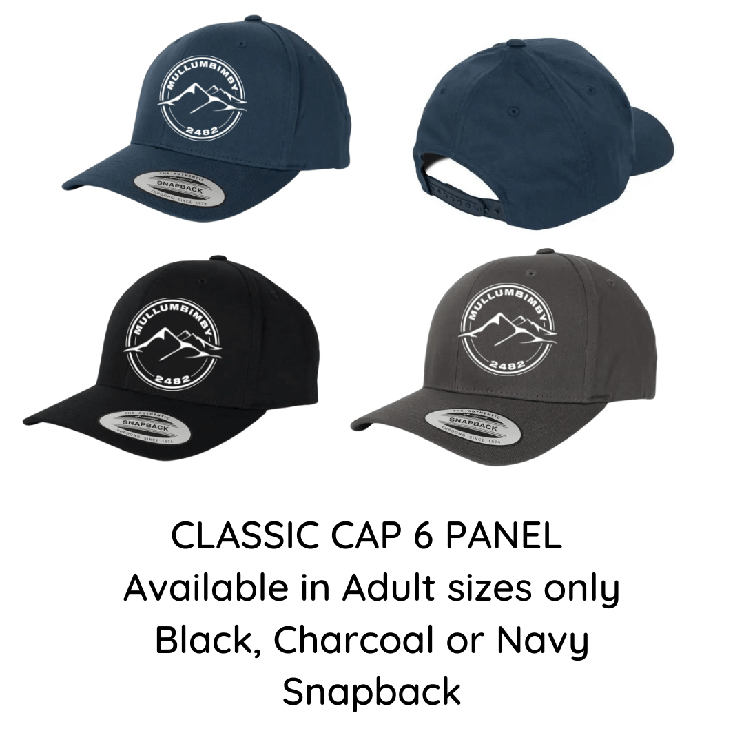 Stewarts Menswear Unisex Mullumbimby Souvenir Cap. Classic Cap 6 Panel. the perfect way to remember your visit to Mullumbimby or show off your local pride!  Available in Adult Sizes only in Black, Charcoal or Navy. Cap has an adjustable snapback closure.