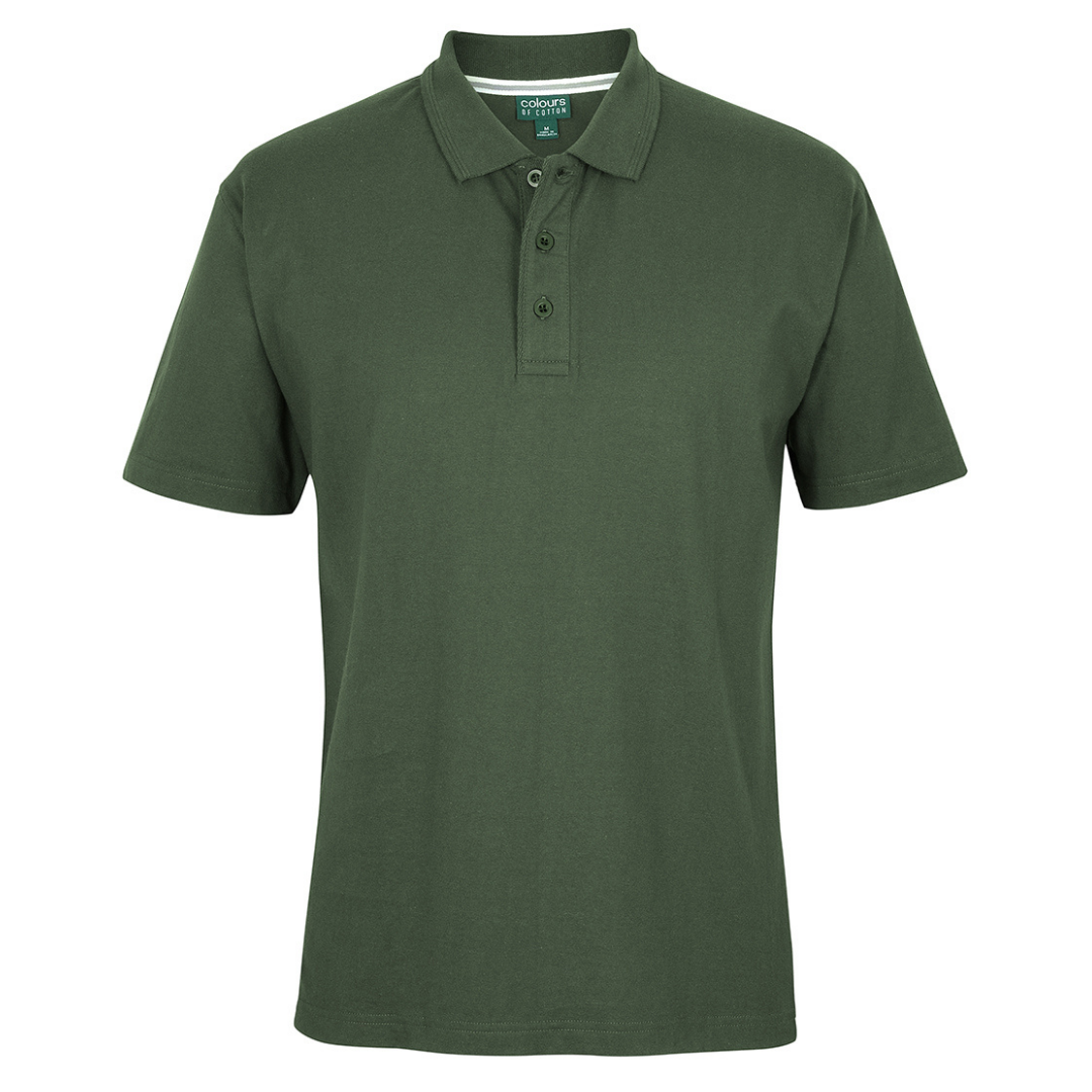 Stewart's Menswear JBs wear 100% cotton jersey polo shirt. A 100% cotton jersey polo shirt with a classic fit, it is ideal for hospitality, school or everyday wear.  Made from premium cotton jersey knit fabric of 190gm weight, for comfort and durability.  Featuring raised edging detail on the knitted collar and reinforced tape on the inside neck seam and placket, it is designed to stand the test of time.  Side splits with reinforced tape provide added comfort and movement. Colour is Army.