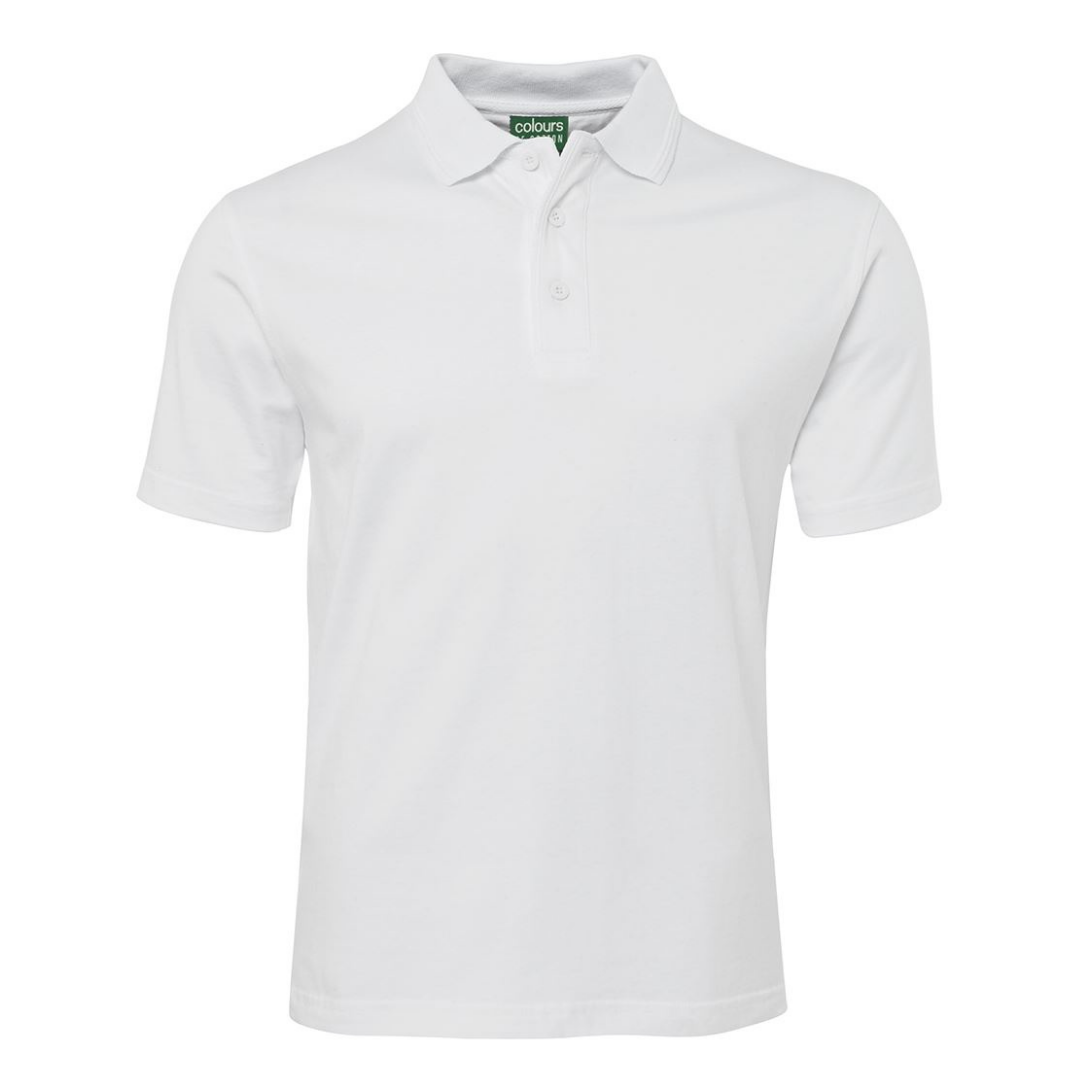 Stewart's Menswear JBs wear 100% cotton jersey polo shirt. A 100% cotton jersey polo shirt with a classic fit, it is ideal for hospitality, school or everyday wear.  Made from premium cotton jersey knit fabric of 190gm weight, for comfort and durability.  Featuring raised edging detail on the knitted collar and reinforced tape on the inside neck seam and placket, it is designed to stand the test of time.  Side splits with reinforced tape provide added comfort and movement. Colour is White.