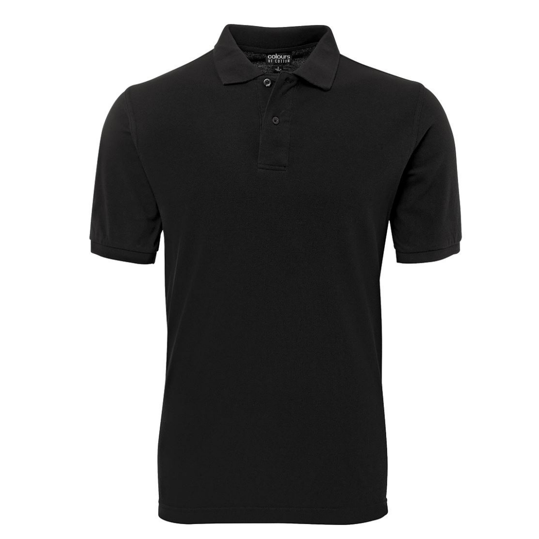 Display photo of Men's 100% Cotton Polo shirt. Brand is Colours of Cotton. Colour is Black.
