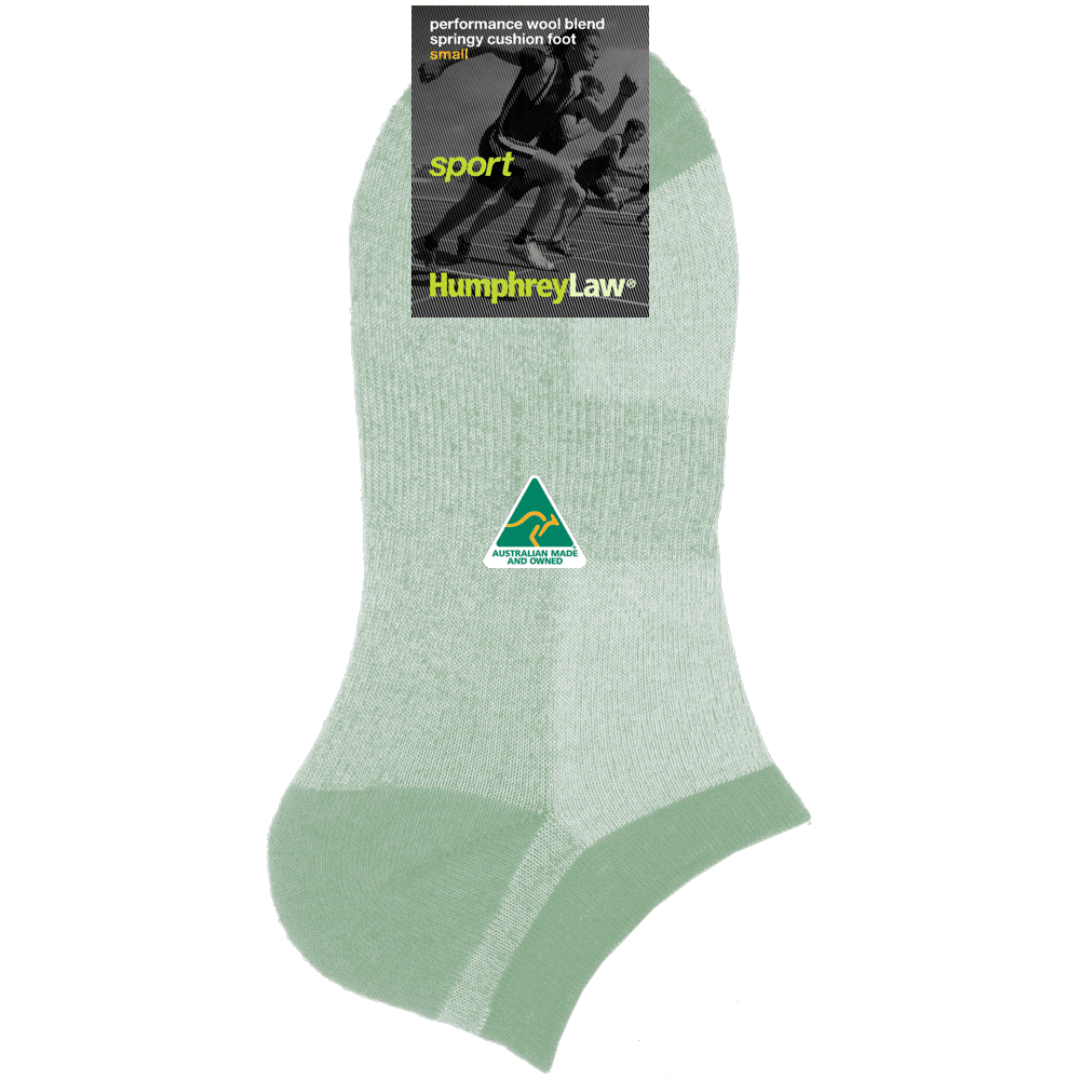 If you are looking for the best socks to wear with sneakers, the fine merino wool ankle sock is a great option.  This sock has fine merino wool cushion inside for bounce and absorbency but is still fine enough to fit in any runners. The mercerised cotton on the outside absorbs sweat keeping your feet comfortable. A short ankle sock pale green/white  coloured with mint green heel, toe and ankle top.