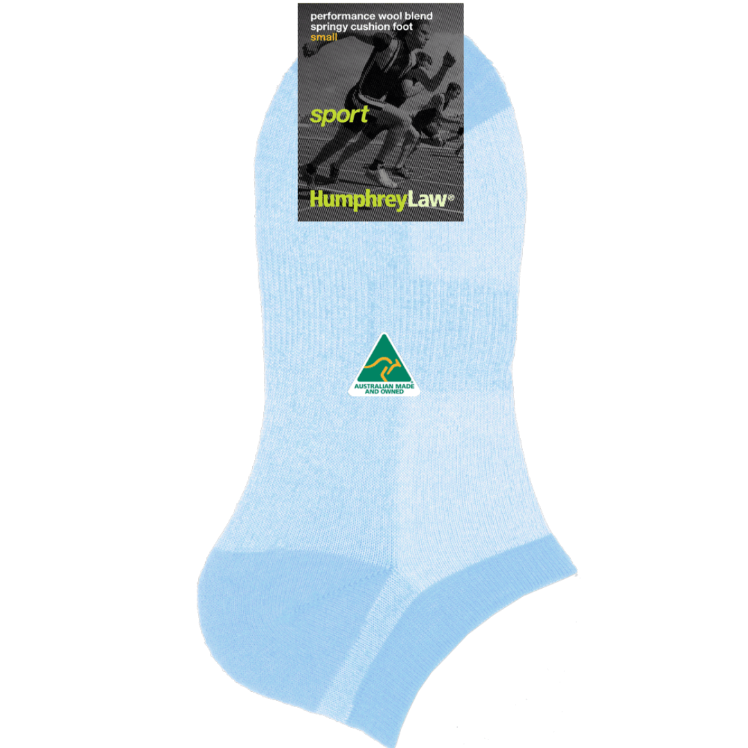 If you are looking for the best socks to wear with sneakers, the fine merino wool ankle sock is a great option.  This sock has fine merino wool cushion inside for bounce and absorbency but is still fine enough to fit in any runners. The mercerised cotton on the outside absorbs sweat keeping your feet comfortable. A short ankle sock pale blue/white coloured with sky blue heel, toe and ankle top.