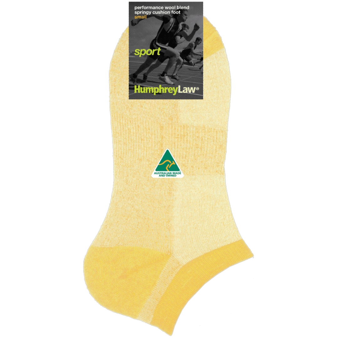 If you are looking for the best socks to wear with sneakers, the fine merino wool ankle sock is a great option.  This sock has fine merino wool cushion inside for bounce and absorbency but is still fine enough to fit in any runners. The mercerised cotton on the outside absorbs sweat keeping your feet comfortable. A short ankle sock lemon/white coloured with yellow heel, toe and ankle top.