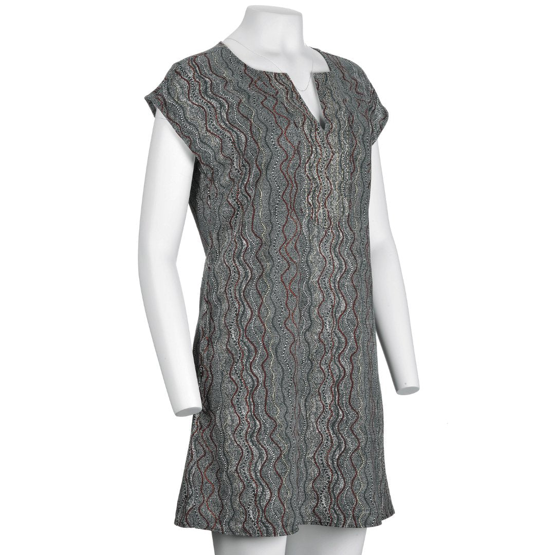 Kingston Grange Bamboo ladies dress. Colour is Seed Dreaming.Bamboo cotton blend dress grey colour with red green and cream wavy lines