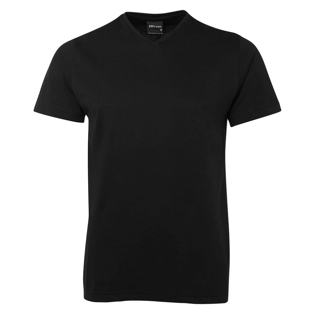 Display photo of Men's 100% Cotton V-neck T-shirt. Brand is JBs wear. Colour is black.
