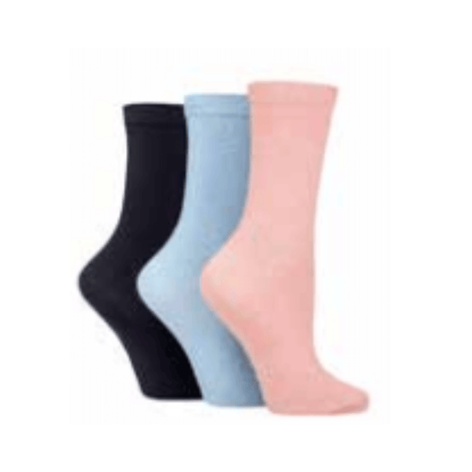 Stewart's Menswear TORE recycled socks. Ladies plain crew socks. One pair each of Navy, Light Blue and Pink. The world's first range of socks that are 100% certified as totally recycled. All materials used in the manufacturing process are sourced from existing resources on our planet.  Even the packaging is recycled and printed using plant based inks! TORE® is committed to the belief that "your socks shouldn't cost the earth". 
