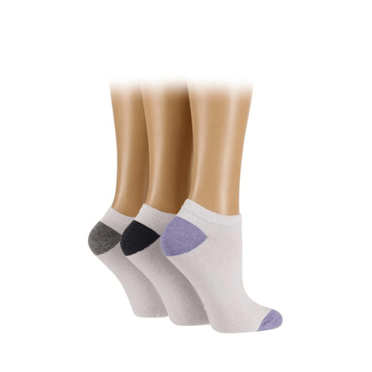 Stewart's Menswear TORE recycled socks. Ladies plain trainer liner socks. Three pairs of white socks, each with a different colour heel/toe (grey/black/mauve). The world's first range of socks that are 100% certified as totally recycled. All materials used in the manufacturing process are sourced from existing resources on our planet.  Even the packaging is recycled and printed using plant based inks! TORE® is committed to the belief that "your socks shouldn't cost the earth". 