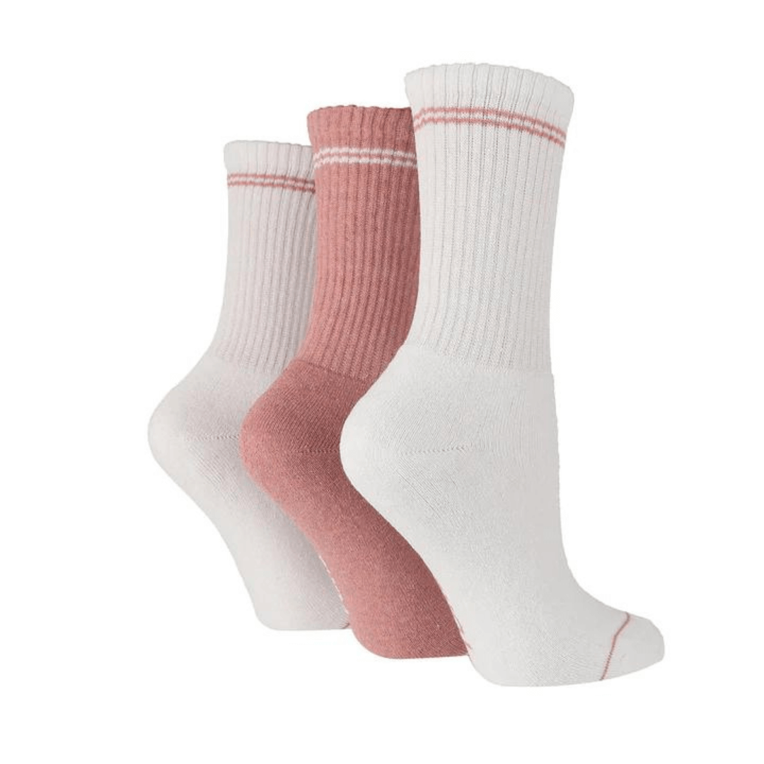 Stewart's Menswear TORE recycled socks. Ladies striped sport crew socks. Two pairs of white with pink stripe at top and one pair of pink with white stripe at top. The world's first range of socks that are 100% certified as totally recycled. All materials used in the manufacturing process are sourced from existing resources on our planet.  Even the packaging is recycled and printed using plant based inks! TORE® is committed to the belief that "your socks shouldn't cost the earth".