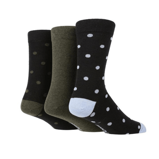 Stewart's Menswear TORE recycled socks. Men's jacquard bold spot crew socks. One pair each of Black with Grey spots/Plain Grey/Navy with light blue spots. The world's first range of socks that are 100% certified as totally recycled. All materials used in the manufacturing process are sourced from existing resources on our planet.  Even the packaging is recycled and printed using plant based inks! TORE® is committed to the belief that "your socks shouldn't cost the earth". 