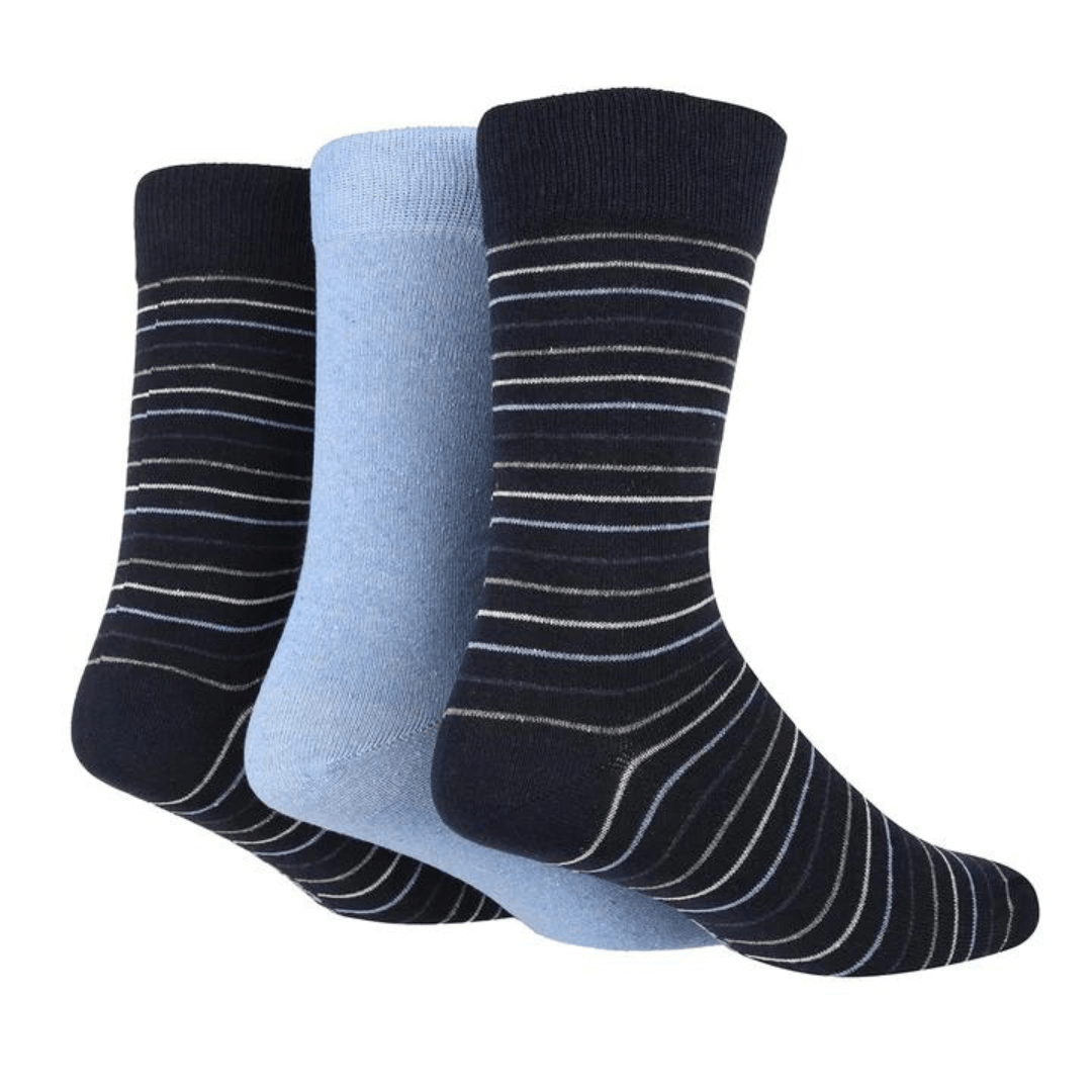 Stewart's Menswear TORE recycled socks. Men's jacquard Multi Stripe crew socks. Two pairs of Navy with white and light blue fine stripes/One plain light blue. The world's first range of socks that are 100% certified as totally recycled. All materials used in the manufacturing process are sourced from existing resources on our planet.  Even the packaging is recycled and printed using plant based inks! TORE® is committed to the belief that "your socks shouldn't cost the earth". 