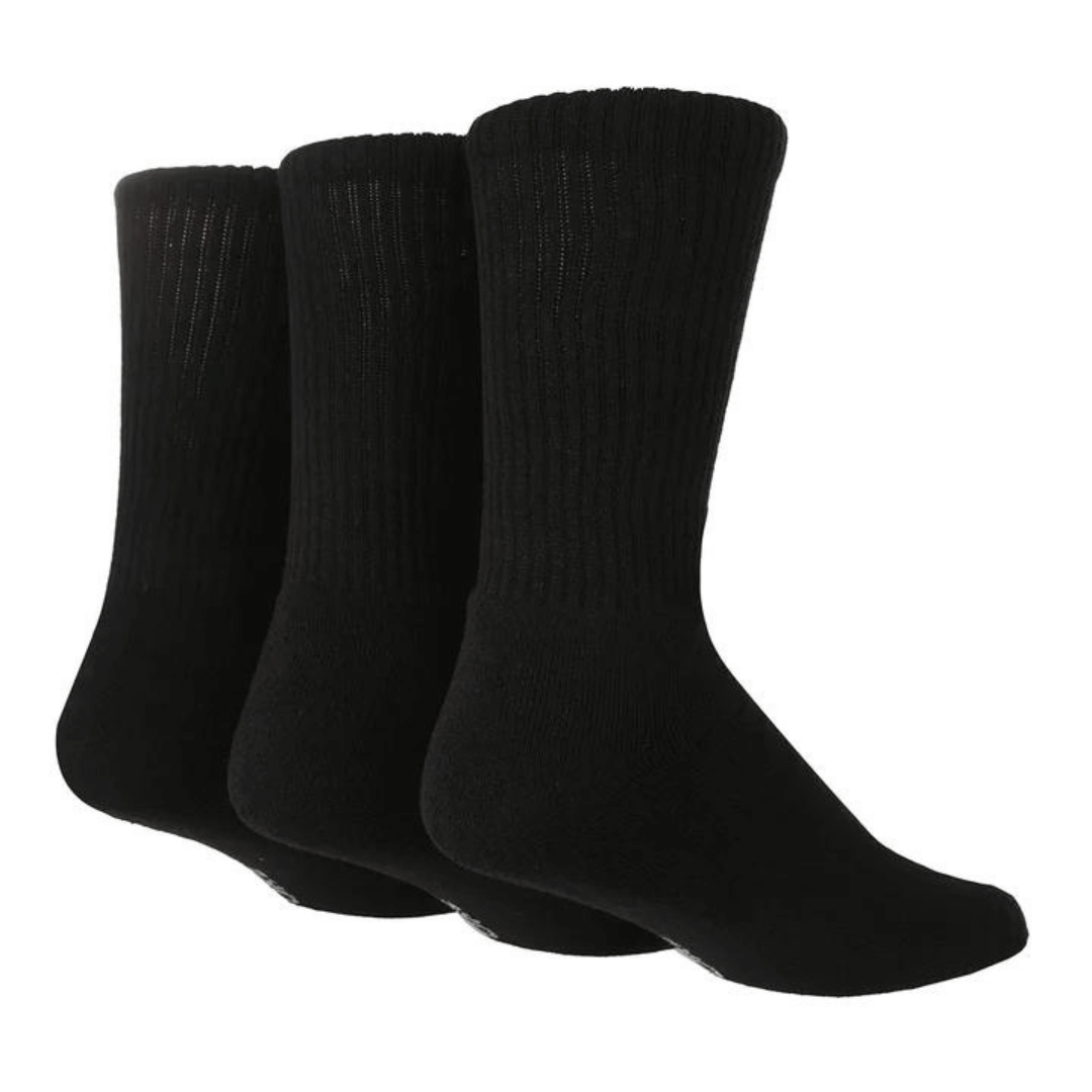 Stewart's Menswear TORE recycled socks. Men's plain sports crew socks.  Three pairs of black socks. The world's first range of socks that are 100% certified as totally recycled. All materials used in the manufacturing process are sourced from existing resources on our planet.  Even the packaging is recycled and printed using plant based inks! TORE® is committed to the belief that "your socks shouldn't cost the earth". 