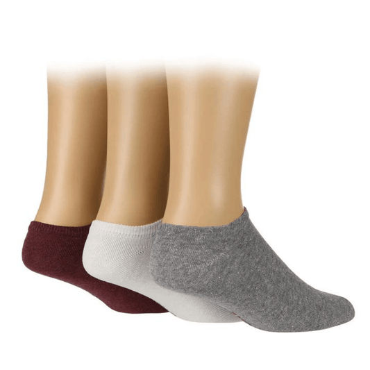 Stewart's Menswear TORE recycled socks. Men's plain trainer liner socks. One pair each of Burgundy, white and grey. The world's first range of socks that are 100% certified as totally recycled. All materials used in the manufacturing process are sourced from existing resources on our planet.  Even the packaging is recycled and printed using plant based inks! TORE® is committed to the belief that "your socks shouldn't cost the earth". 