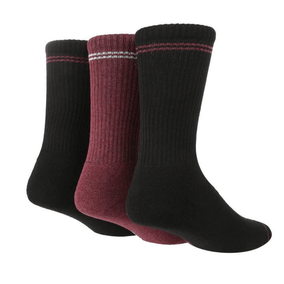 Stewart's Menswear TORE recycled socks. Men's striped sport crew socks. Two pairs of black socks with maroon stripe at top and one pair of maroon socks with white stripe at top. The world's first range of socks that are 100% certified as totally recycled. All materials used in the manufacturing process are sourced from existing resources on our planet.  Even the packaging is recycled and printed using plant based inks! TORE® is committed to the belief that "your socks shouldn't cost the earth".