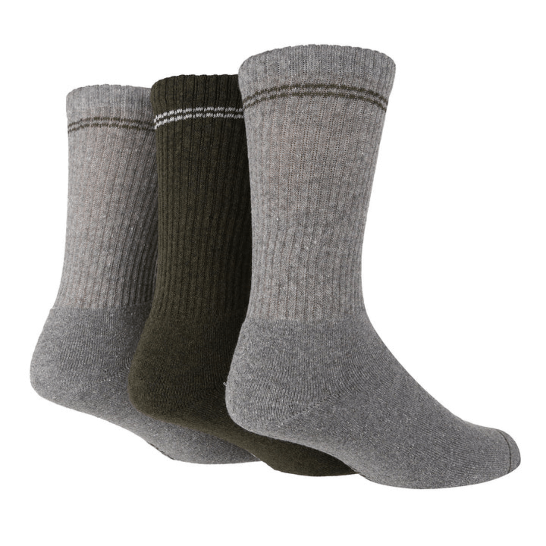 Stewart's Menswear TORE recycled socks. Men's striped sport crew socks. Two pairs of grey socks with charcoal stripe at top and one pair of charcoal socks with grey stripe at top. The world's first range of socks that are 100% certified as totally recycled. All materials used in the manufacturing process are sourced from existing resources on our planet.  Even the packaging is recycled and printed using plant based inks! TORE® is committed to the belief that "your socks shouldn't cost the earth".