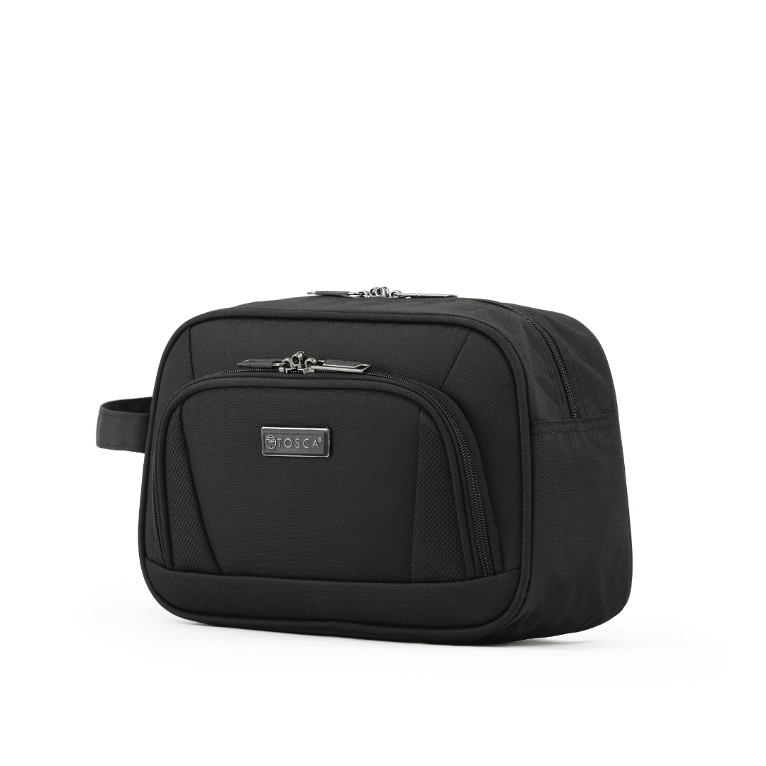 This compact yet spacious bag is lightweight with 2L of storage space. Available in two colours, Black and Teal.  The wet pack features a large main compartment to easily fit your travel essentials with a front zipper pocket for additional storage, providing quick and easy access to smaller items. Featuring lockable zip pullers and an end carry handle. Colour is black.