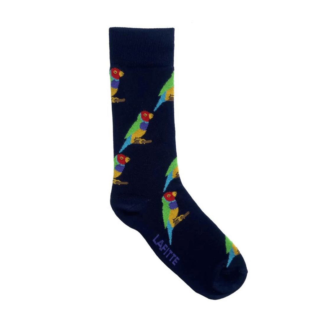 Lafitte have designed this Australian made range of super comfortable bamboo socks to bring awareness to Australia's most endangered species. Gouldian Finch numbers have declined significantly over the past 100 years, going from hundreds of thousands of birds to a current estimated population of just 2,500.  Navy coloured sock with Gouldian Finch images.