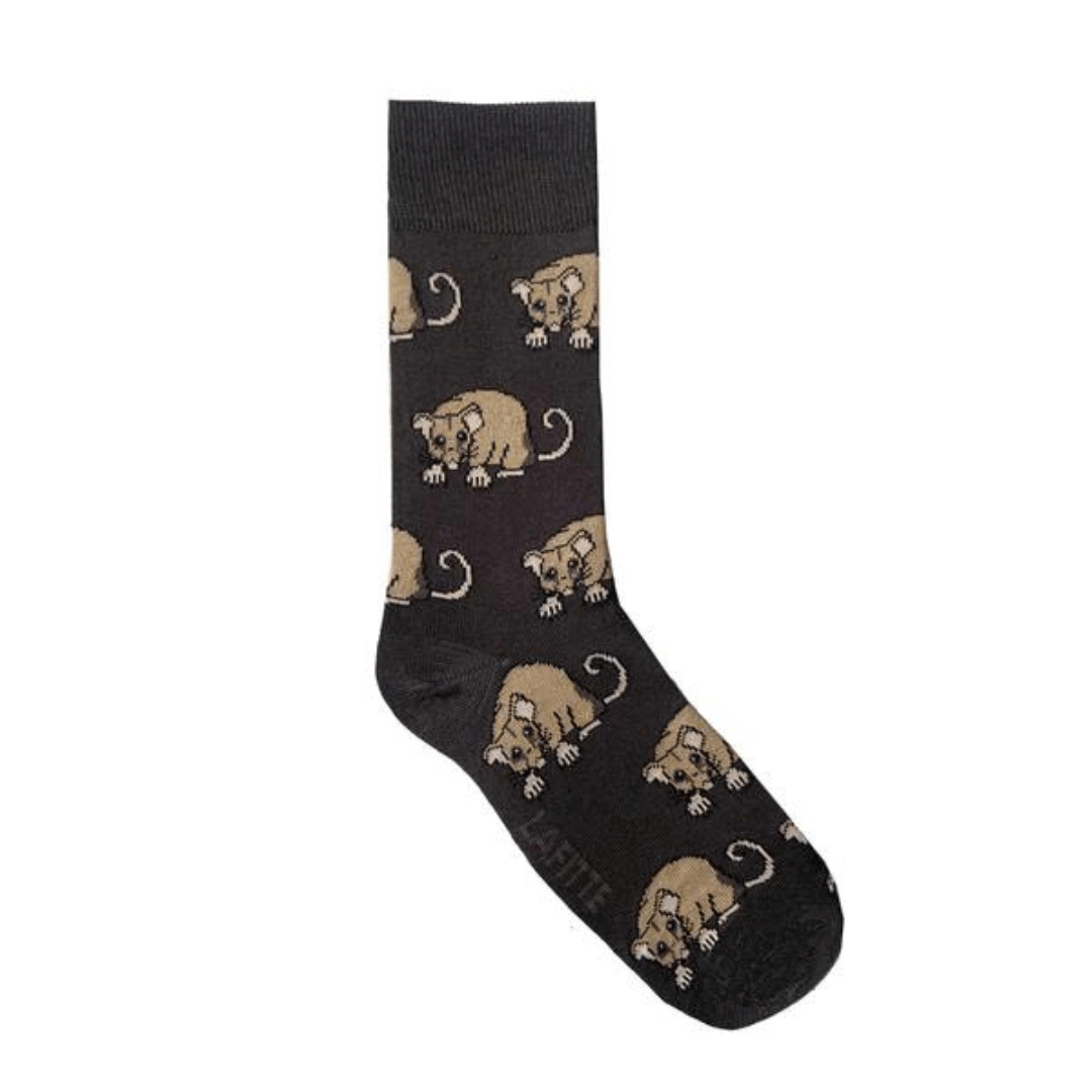 Lafitte have designed this Australian made range of super comfortable bamboo socks to bring awareness to Australia's most endangered species. The critically endangered Mountain Pygmy-Possums were believed to be extinct until they were rediscovered in the 1960s. There are now fewer than 2,000 left in the wild.  Charcoal coloured sock with pygmy possum images.