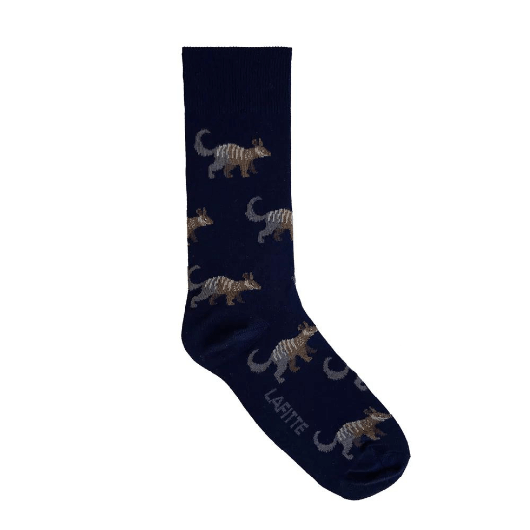 Lafitte have designed this Australian made range of super comfortable bamboo socks to bring awareness to Australia's most endangered species. Numbats are an Australian marsupial who are nearing extinction with less than 1000 mature numbats estimated to now be in existence.  Navy coloured socks with numbat images.