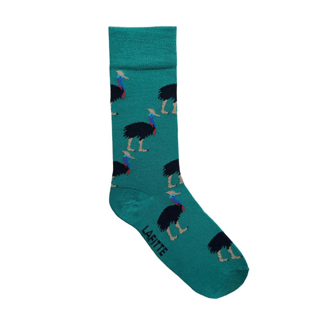 Lafitte have designed this Australian made range of super comfortable bamboo socks to bring awareness to Australia's most endangered species. Listed as endangered, the Australian Southern Cassowary has fewer than 4,600 birds left in the wild.  Jade coloured sock with southern cassowary images.