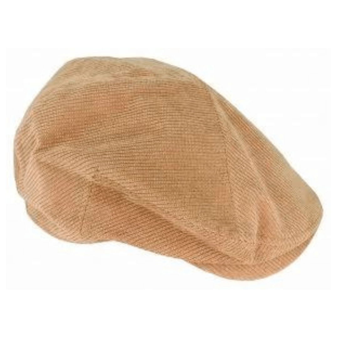 Stewart's Menswear Avenel Hats Corduroy 5 picece cheesecutter cap. This 5 piece corduroy cheesecutter cap is a timeless fashionable accessory.  Made from  corduroy fabric, the cap features a classic cheesecutter design, with a round flat crown and a short stiff brim. Colour is camel.
