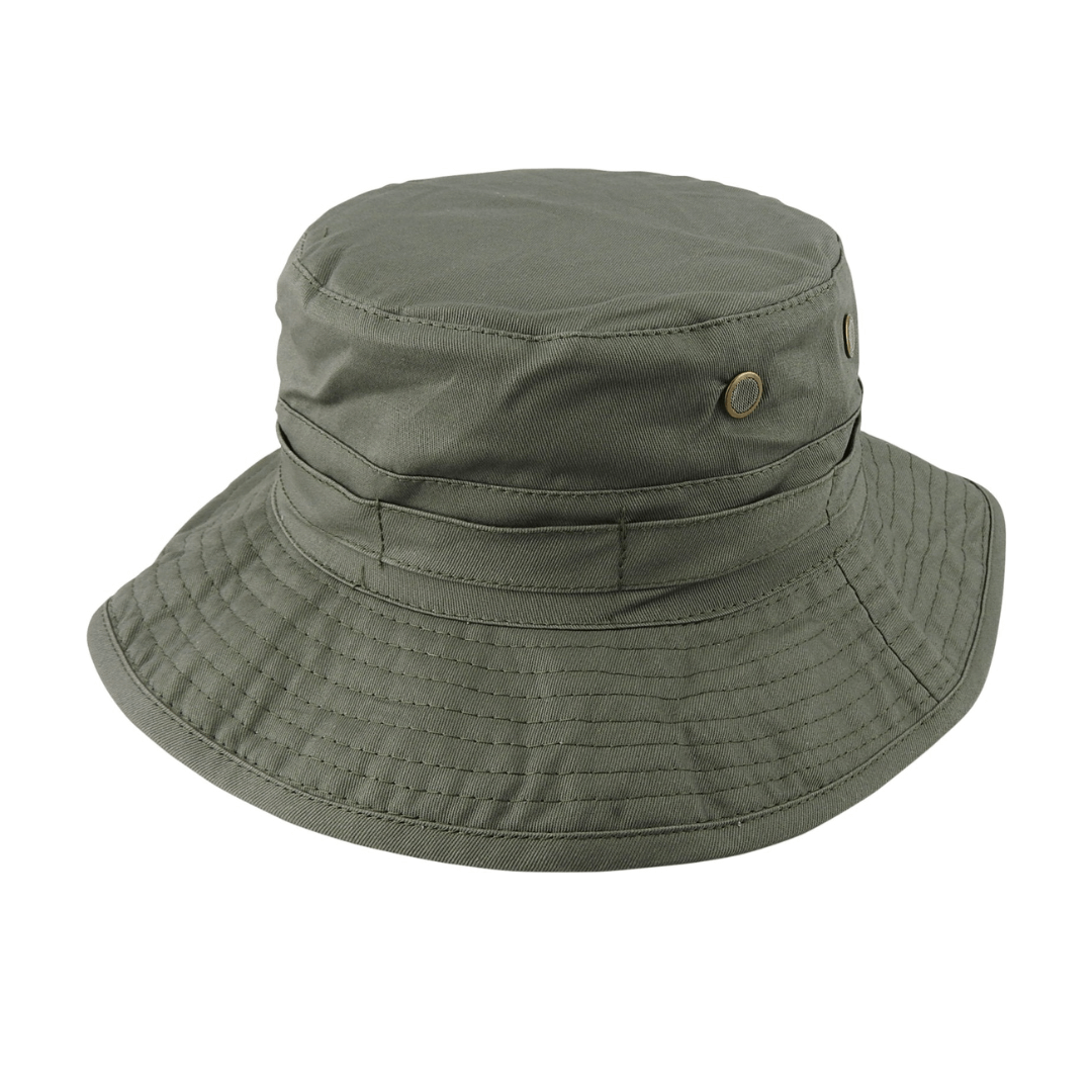 Stewarts Menswear Avenel Hats Cotton Bush Hat.  A packable, lightweight hat that is extremely durable and comfortable with a classic design that offers great UPF50+ sun protection.  Great for outdoor work and outdoor activities such as camping, hiking or fishing.   Easily packable which makes is ideal for travelling as well. Colour is Olive.