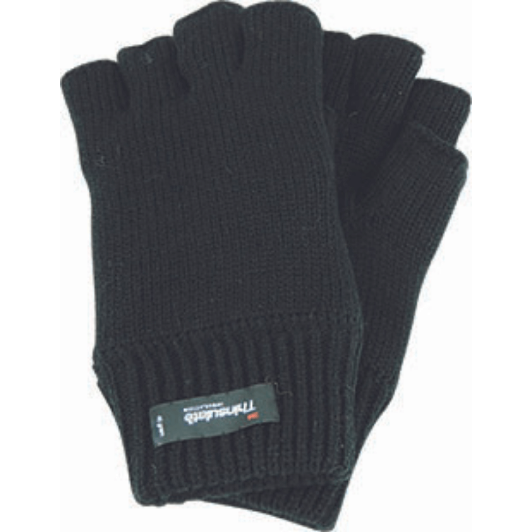 Stewart's Menswear Avenel Hats fingerless gloves.These acrylic fingerless gloves with Thinsulate lining are the perfect accessory for the cooler months. Designed with functionality in mind, providing warmth while allowing for full use of your fingers.  Made from soft acrylic yarn, they feature a Thinsulate lining that provides extra insulation and warmth. Colour is Black