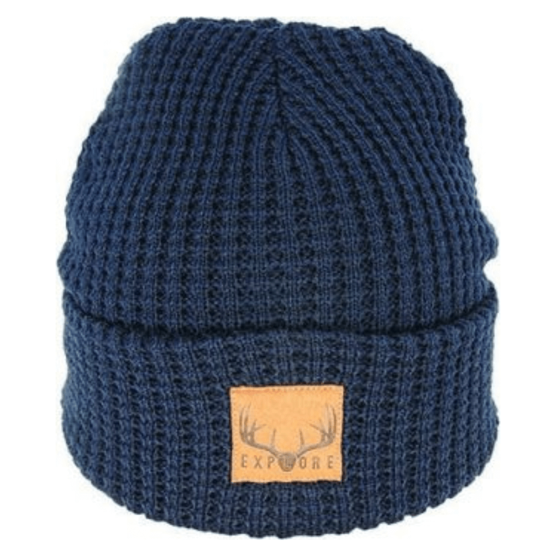 Stewart's Menswear Avenel Hats waffle knit beanie Navy colour. The trendy waffle knit beanie will ensure you stay warm and on trend in the cooler months. Made from a soft acrylic yarn, this beanie features a  waffle knit texture. Available in a range of colours, this waffle knit beanie is the ideal accessory for any winter outfit.   One size fits most.