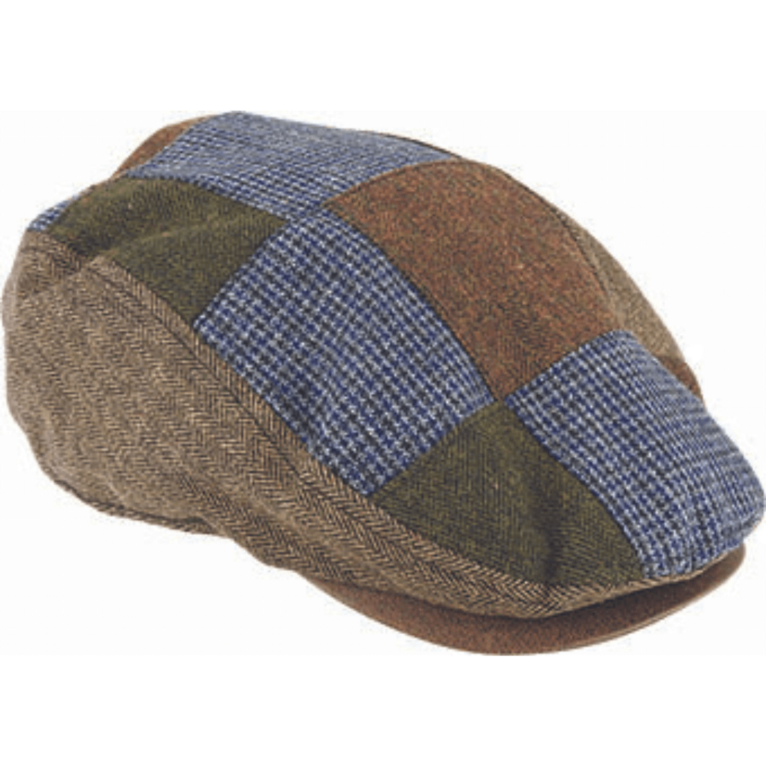 Stewart's Menswear Avenel Hats wool blend patchwork Ivy Cap. This Wool Blend Patchwork Ivy Cap is a traditional style which boasts a medley of patterned panels and is a stylish addition to your wardrobe, making the winter months bearable. Base of cap is brown with patchwork top in blue/khaki/brown tones.