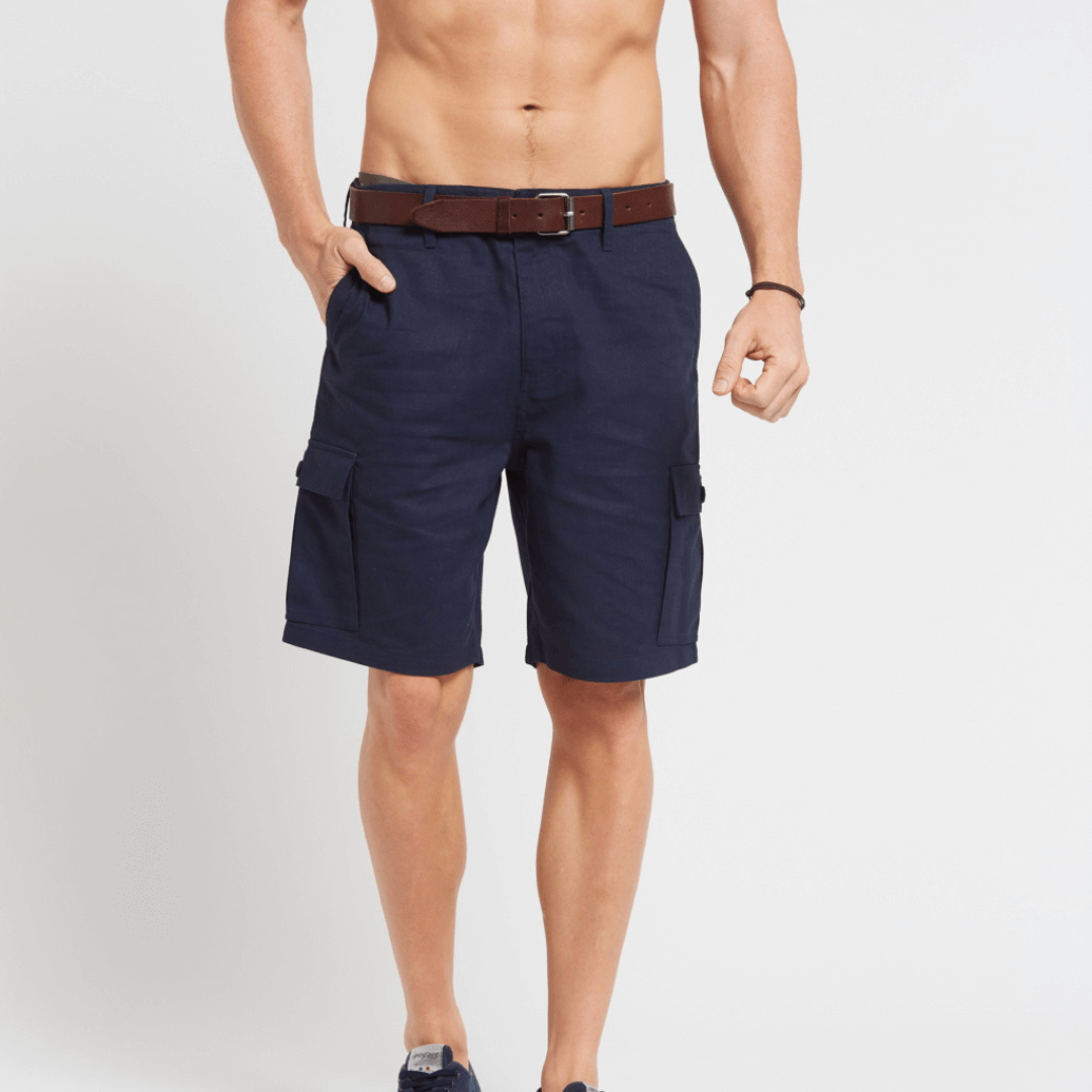 Male model wearing hemp/cotton Cargo shorts front view. Colour is Navy.
