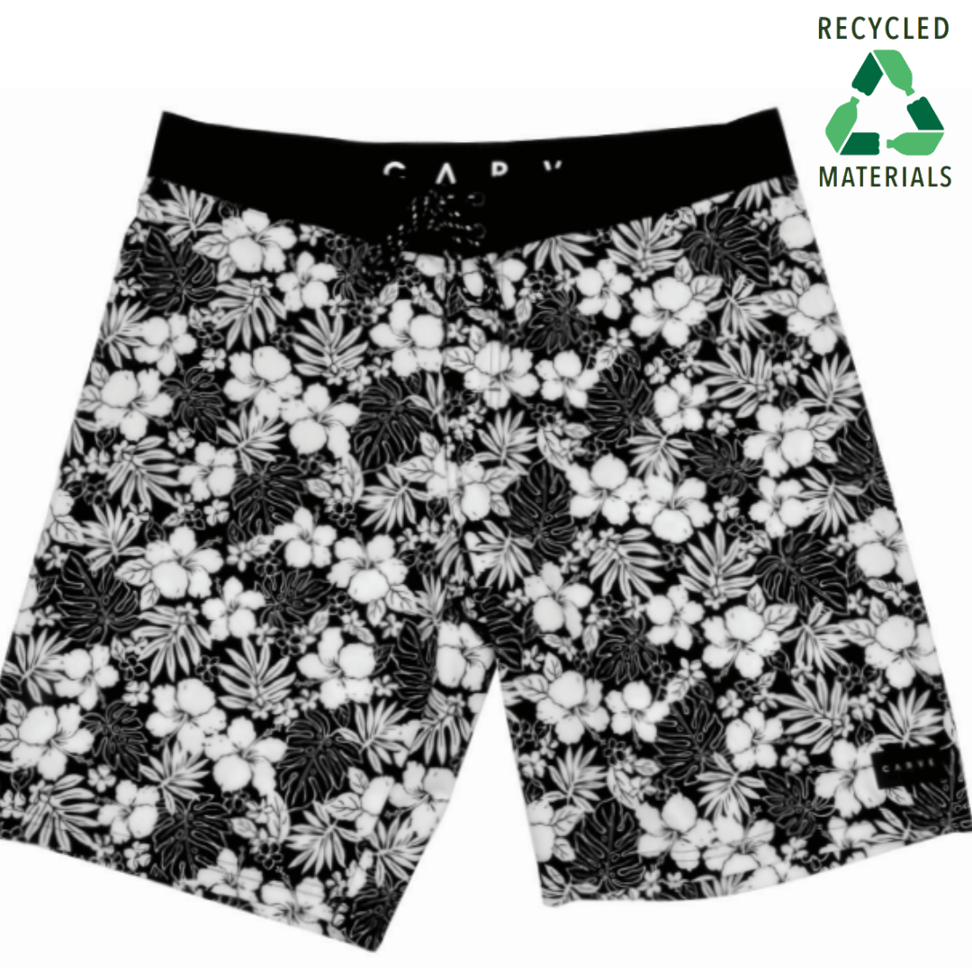 Look your best in the surf this Summer with new season Carve Boardshorts.  Men's straight leg flat waist boardie with front gusset fly and 20" leg length. Back pocket has mesh lining and zip closure avoiding collection of water whilst swimming.   145gram sublimation print polyester/elastane with sublimation print of black and white hibiscus design.  4 way stretch microfibre for comfort with quick dry capability. Made from recylcled plastic bottles.