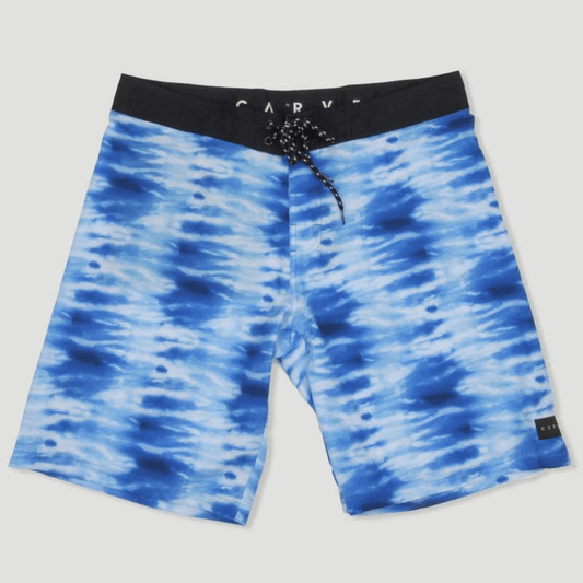 Look your best in the surf this Summer with new season Carve Boardshorts.  Men's straight leg flat waist boardie with front gusset fly and 20" leg length. Back pocket has mesh lining and zip closure avoiding collection of water whilst swimming.   145gram sublimation print polyester/elastane with sublimation print of blue abstract design similar to tie dye look.  Swimwear made from recycled plastic bottles.  4 way stretch microfibre for comfort with quick dry capability.